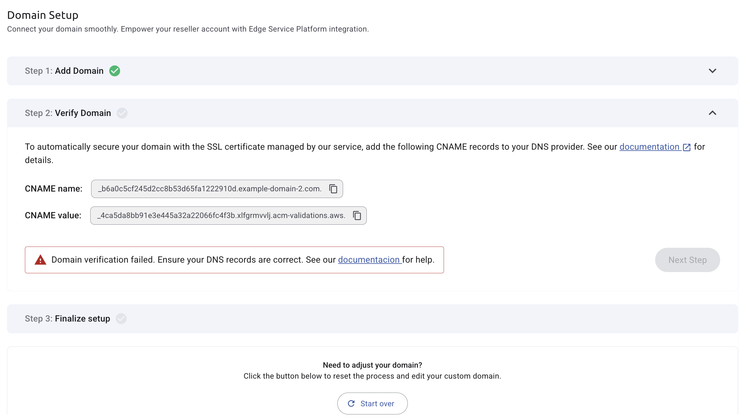 Domain Page Step 2 error