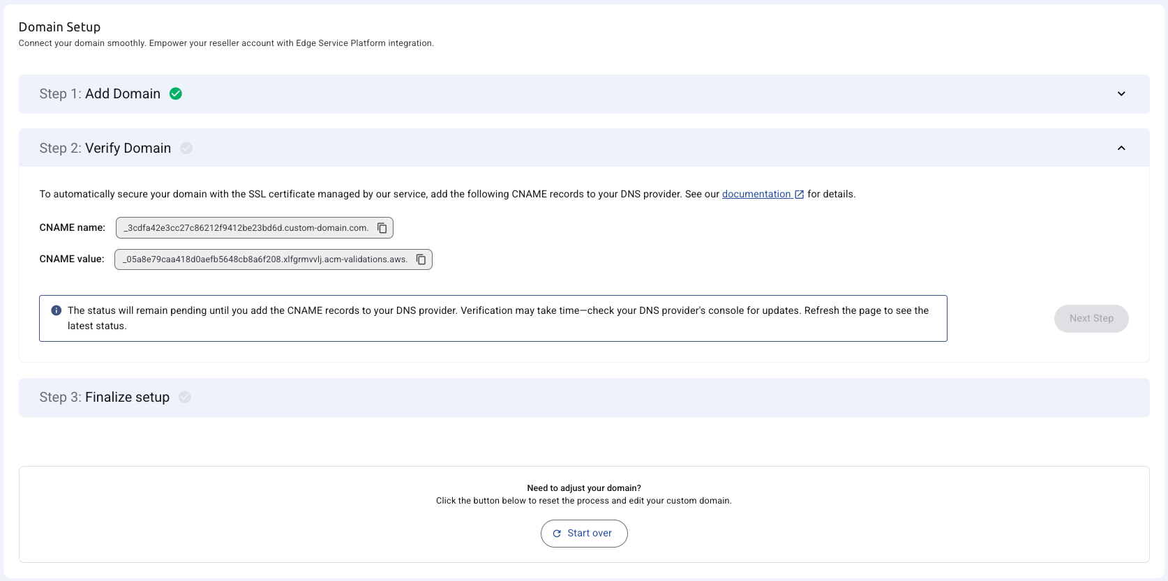 Domain Page Step 2 pending