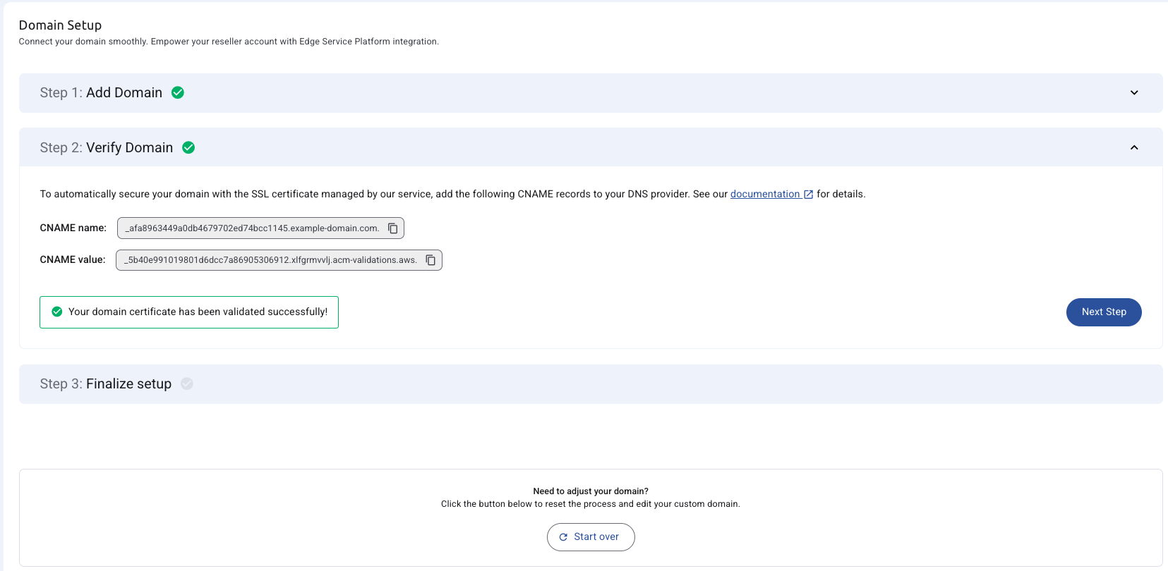 Domain Page Step 2 success